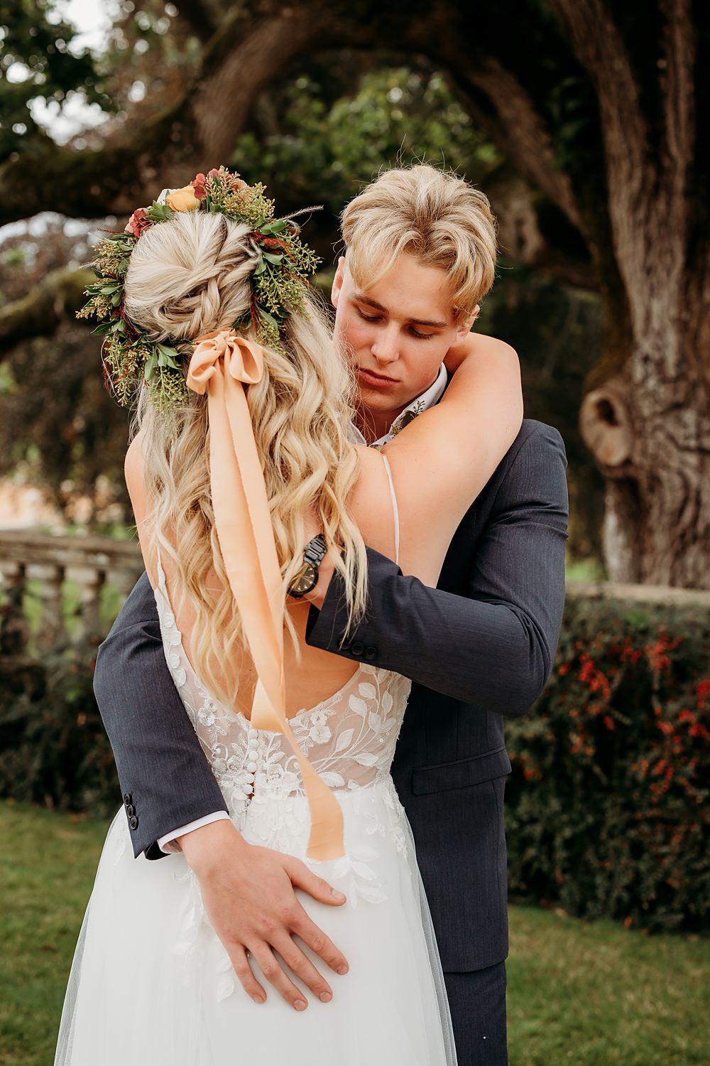 Rust Burnt Orange Autumn Wedding NK Photography Bride Flower Crown Wavy Hair Ribbon Bow