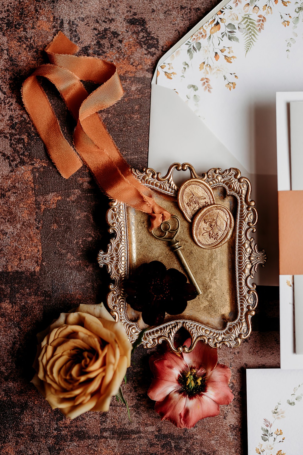 Rust Burnt Orange Autumn Wedding NK Photography Stationery Key Tray Flowers Ribbon