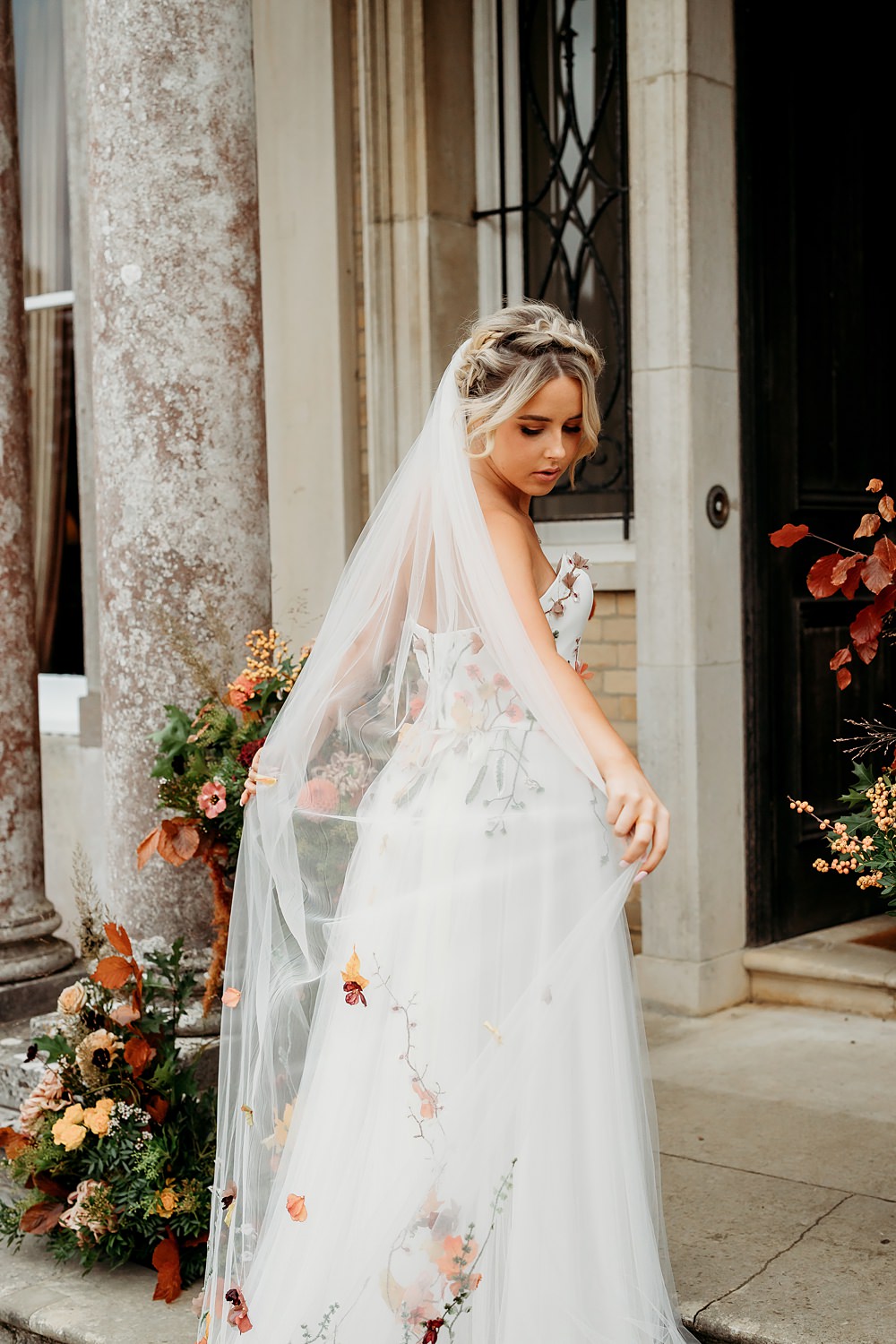 Rust Burnt Orange Autumn Wedding NK Photography Embroidered Flower Veil Bride Dress Gown