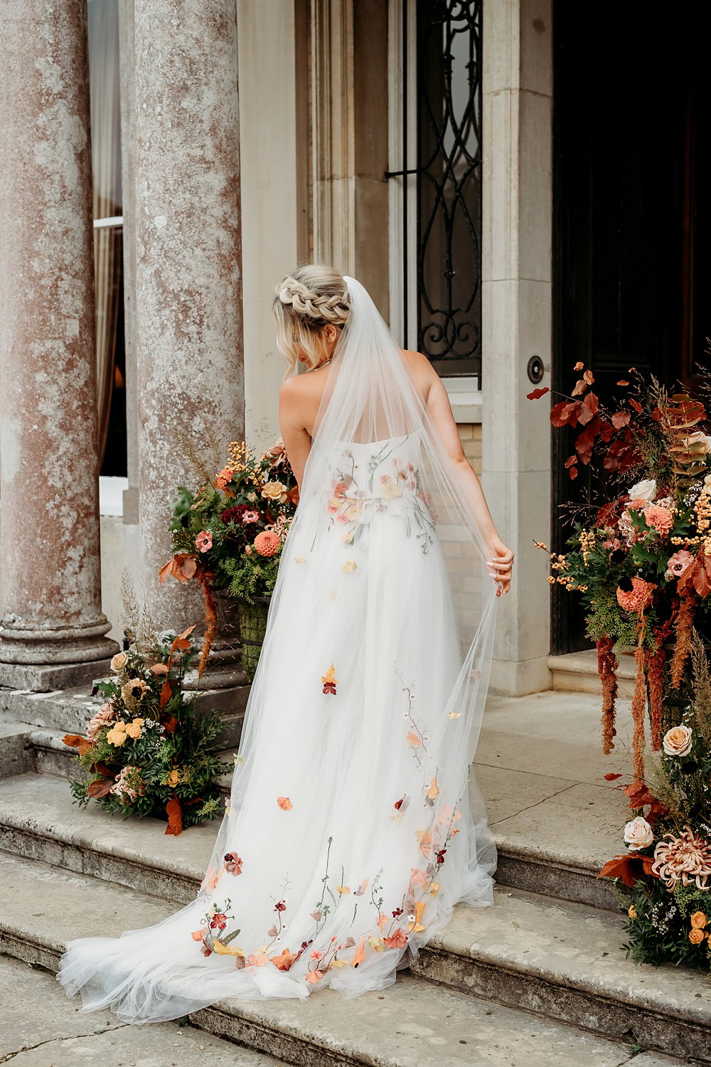Rust Burnt Orange Autumn Wedding NK Photography Embroidered Flower Veil Bride Dress Gown