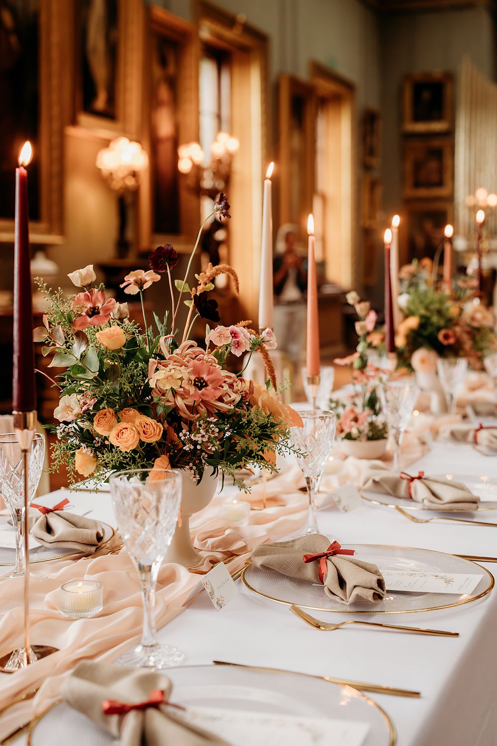 Rust Burnt Orange Autumn Wedding NK Photography Centrepiece Urn Flowers Decor Candles