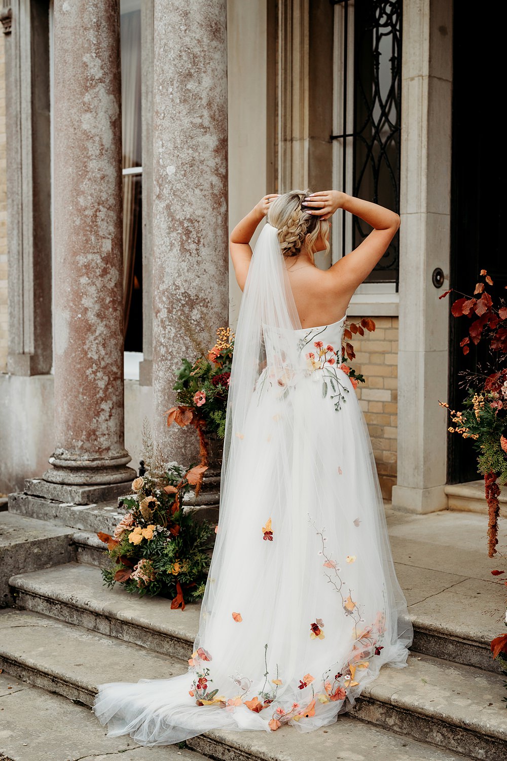 Rust Burnt Orange Autumn Wedding NK Photography Embroidered Flower Veil Bride Dress Gown