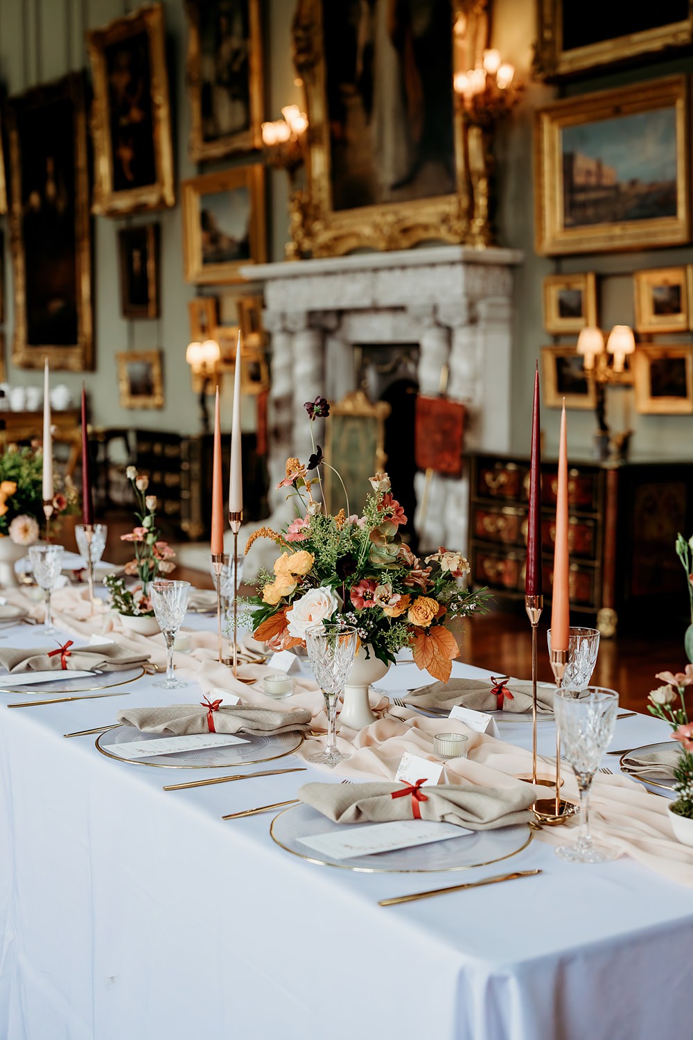 Rust Burnt Orange Autumn Wedding NK Photography Table Decor Tall Candles Flowers Pink Runner