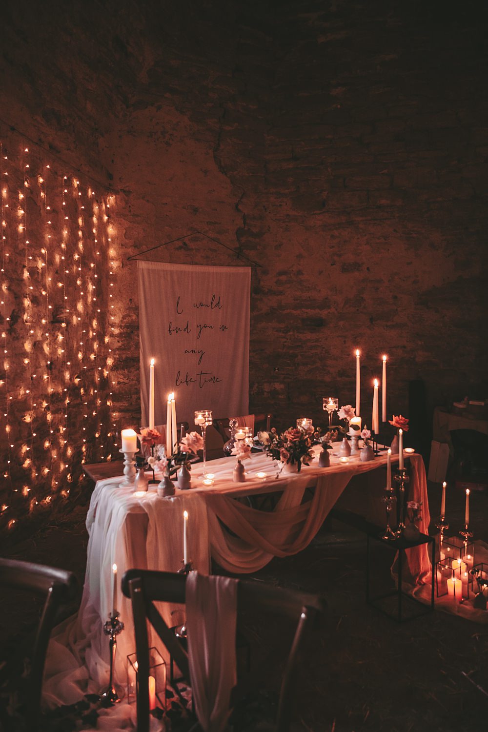 Sheriff Hutton Castle Wedding Bee Wilde Studio Top Table Decor Banner Sign Candles Flowers