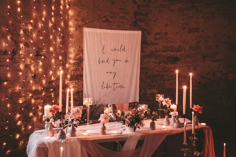 Sheriff Hutton Castle Wedding Bee Wilde Studio Top Table Decor Banner Sign Candles Flowers