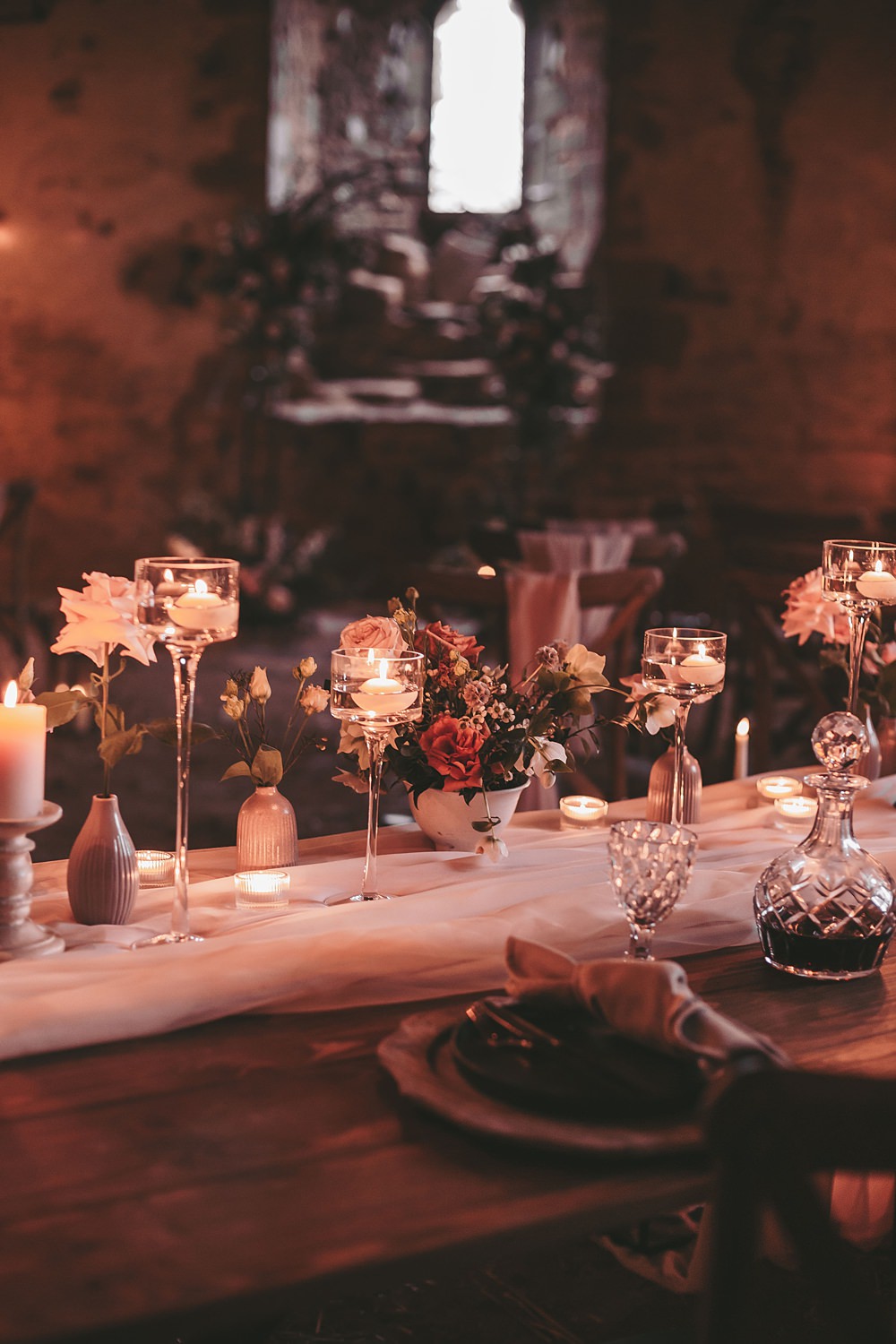 Sheriff Hutton Castle Wedding Bee Wilde Studio Table Decor Candles Flowers Romantic