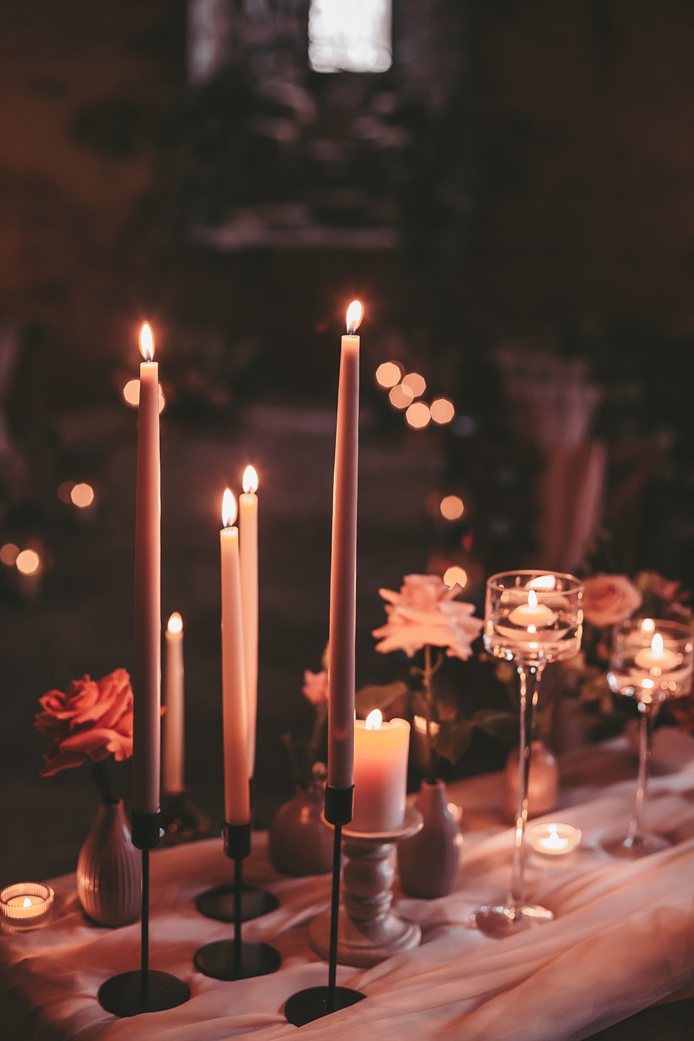 Sheriff Hutton Castle Wedding Bee Wilde Studio Table Decor Candles Flowers Romantic