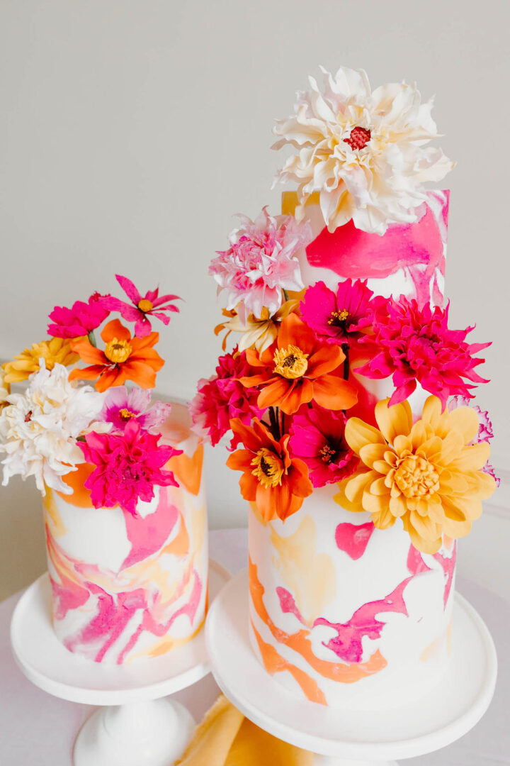 Spring Wedding Cake Idea Pink Orange Flowers Mimosa Photography