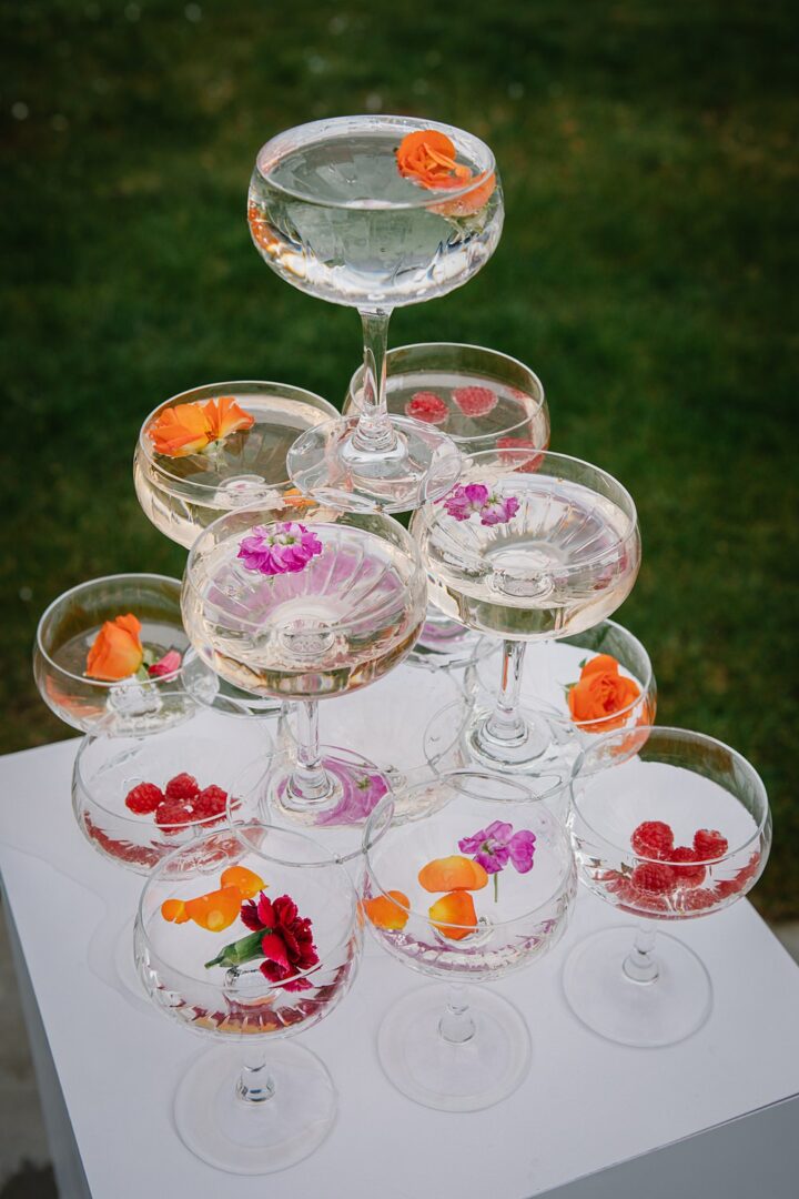 Spring Wedding Drink Tower Flowers Glasses Victoria Sponge Photography
