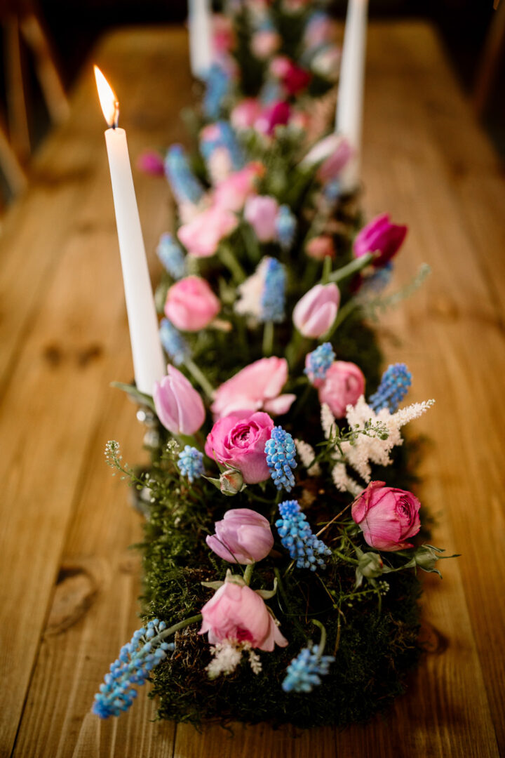 Spring Wedding Flowers Centrepiece Moss Hayley Baxter Photography