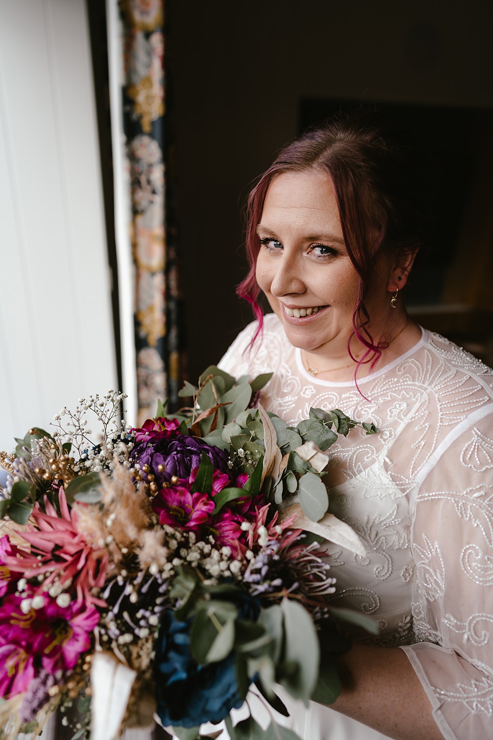 Stables at Ffolkes Wedding Cherrelle Blake Photography Bouquet Flowers Bridal Blue Pink Pampas Grass