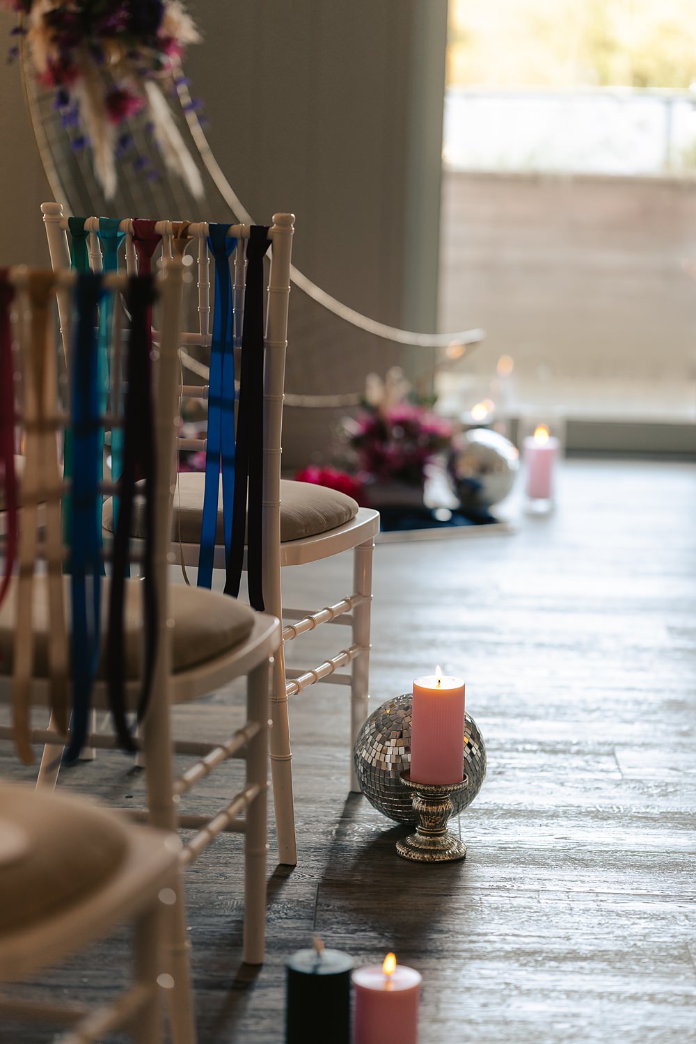Stables at Ffolkes Wedding Cherrelle Blake Photography Aisle Ceremony Decor Candles Disco Ball Pew End