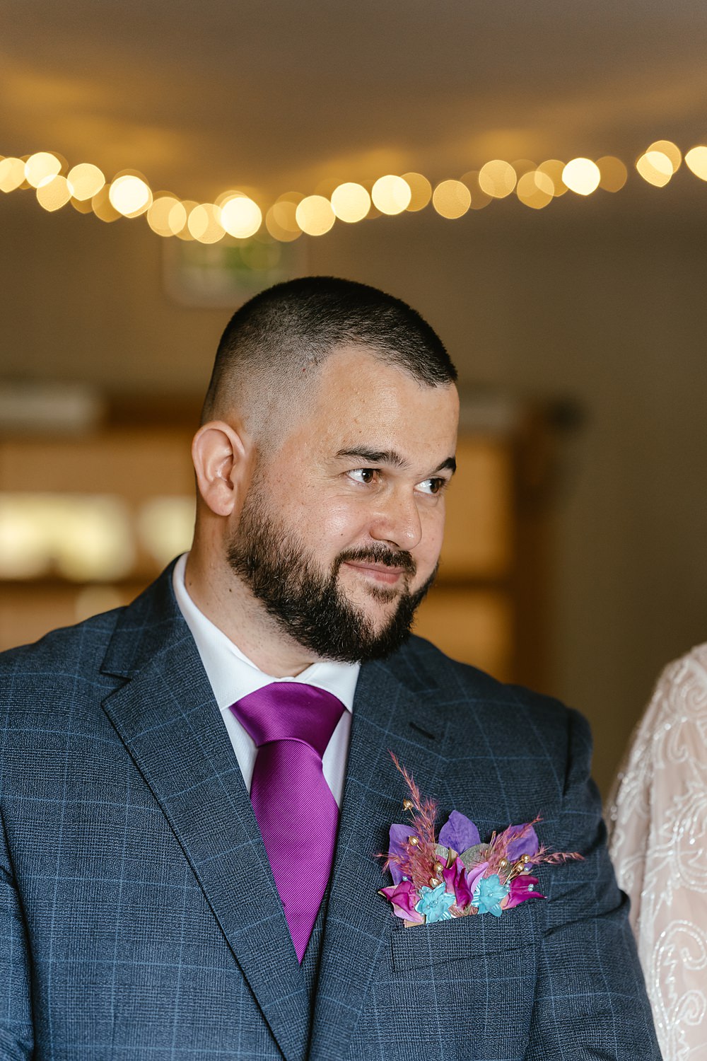 Stables at Ffolkes Wedding Cherrelle Blake Photography Groom Navy Suit Pink Tie Buttonhole Pocket
