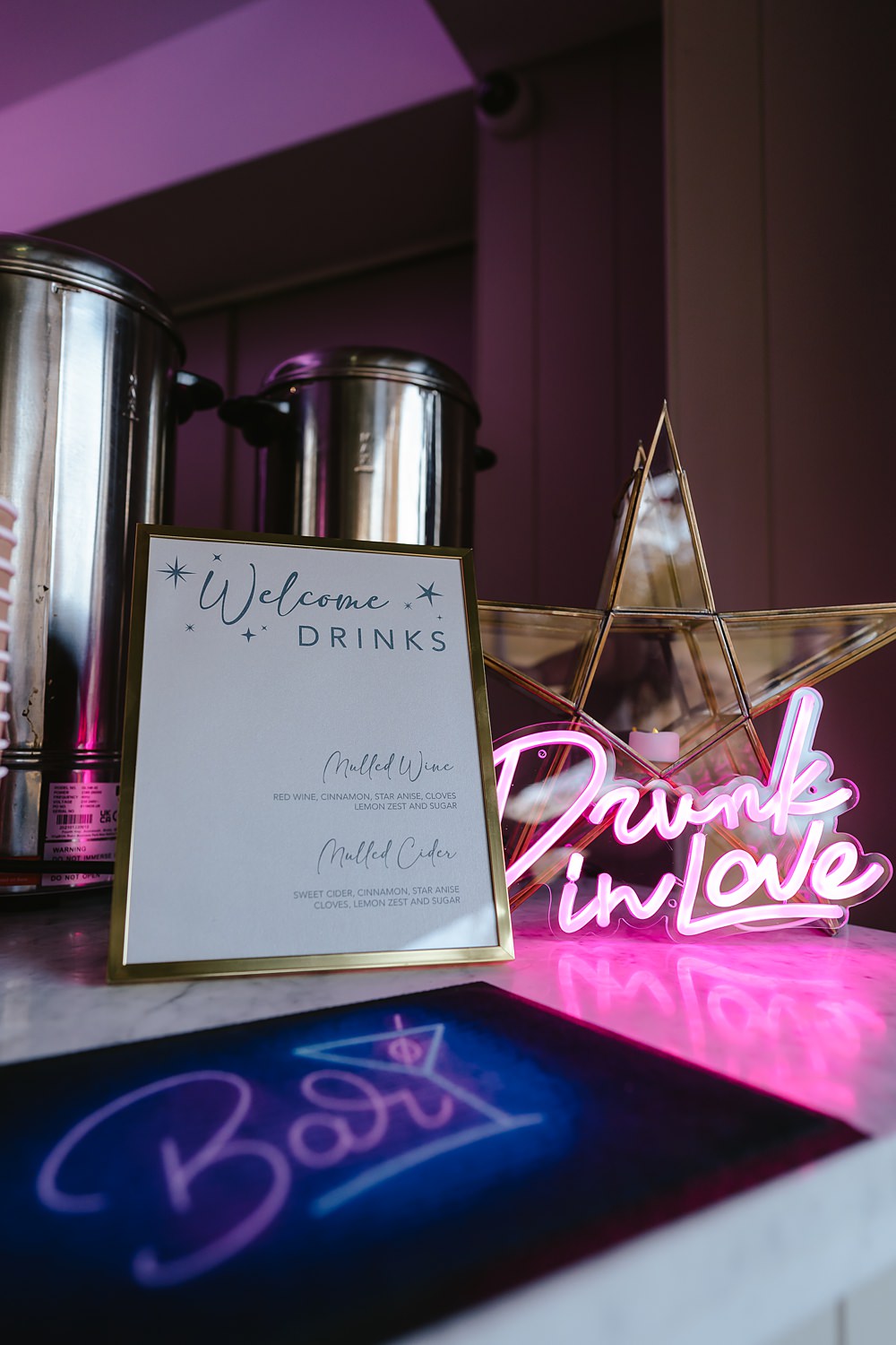 Stables at Ffolkes Wedding Cherrelle Blake Photography Drink Menu Neon Sign