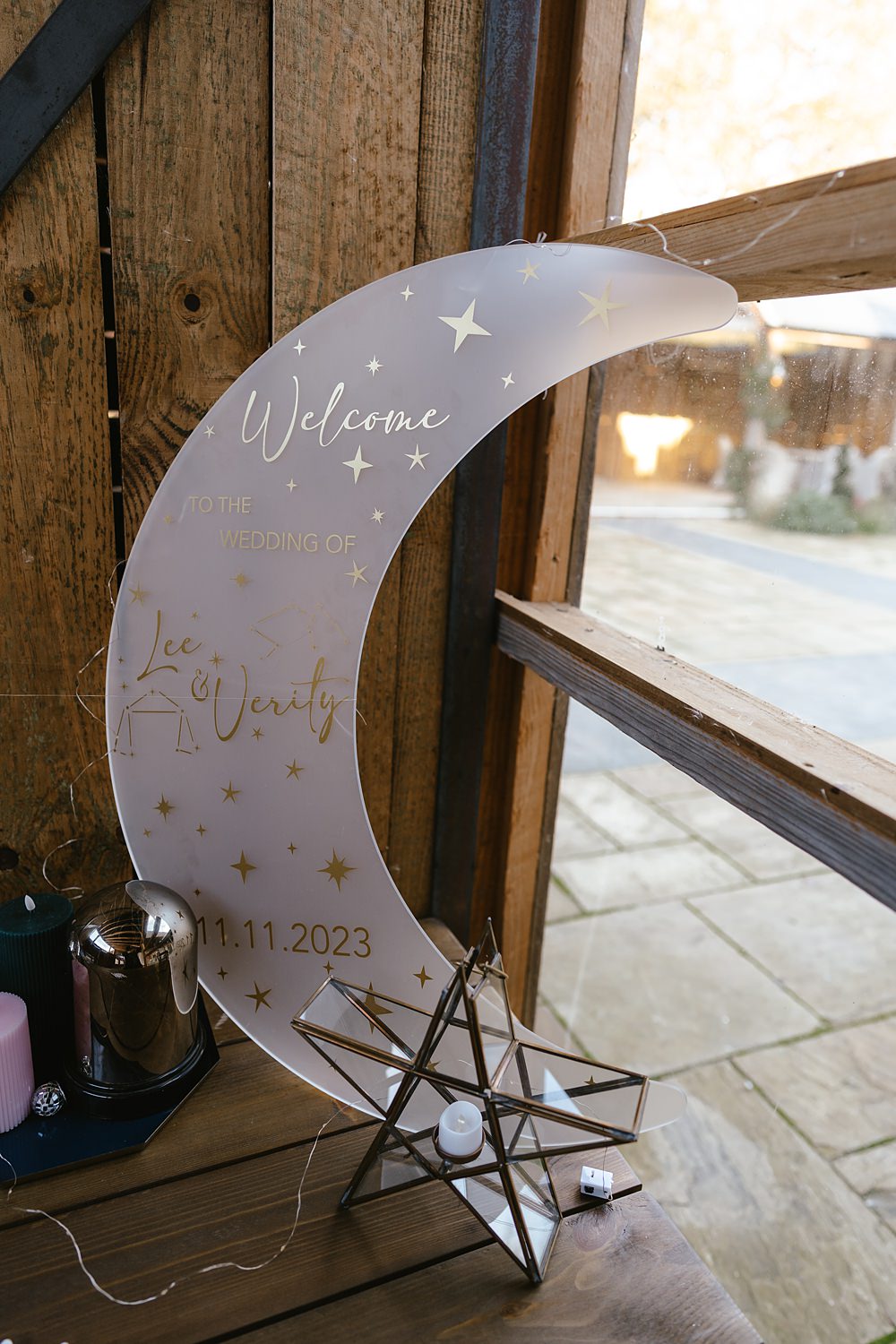 Stables at Ffolkes Wedding Cherrelle Blake Photography Moon Welcome Sign Acrylic Gold