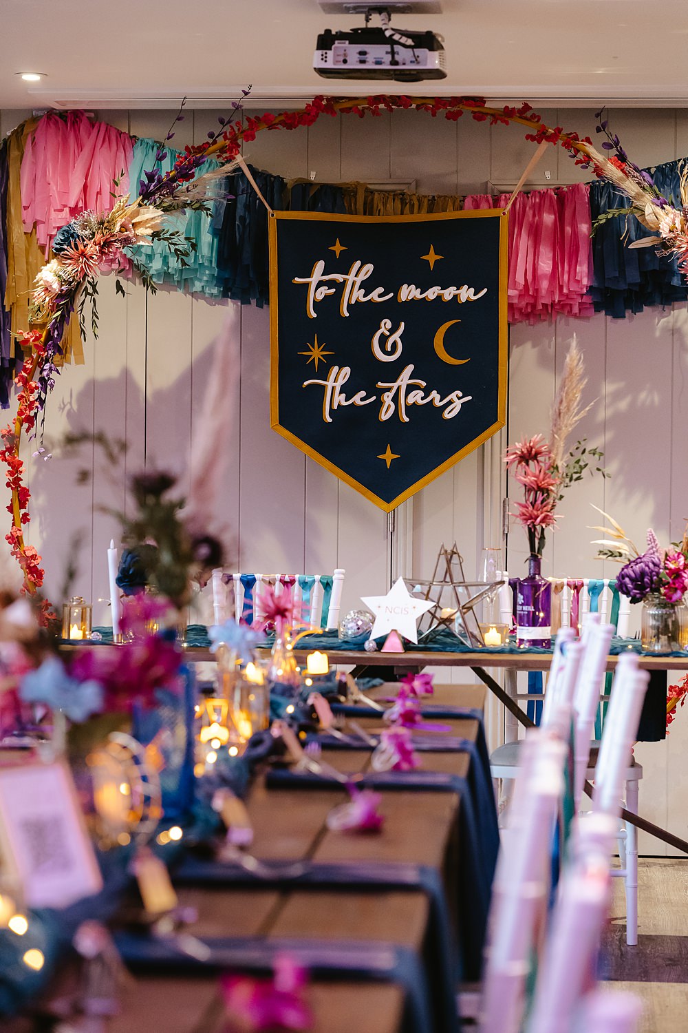 Stables at Ffolkes Wedding Cherrelle Blake Photography Top Table Hoop Banner Streamers Backdrop