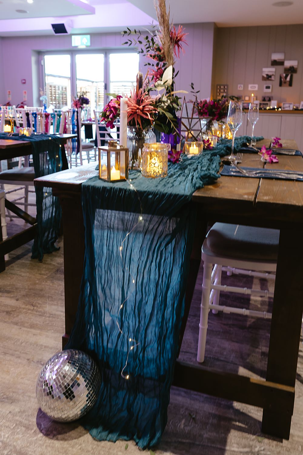 Stables at Ffolkes Wedding Cherrelle Blake Photography Table Runner Disco Ball Decor