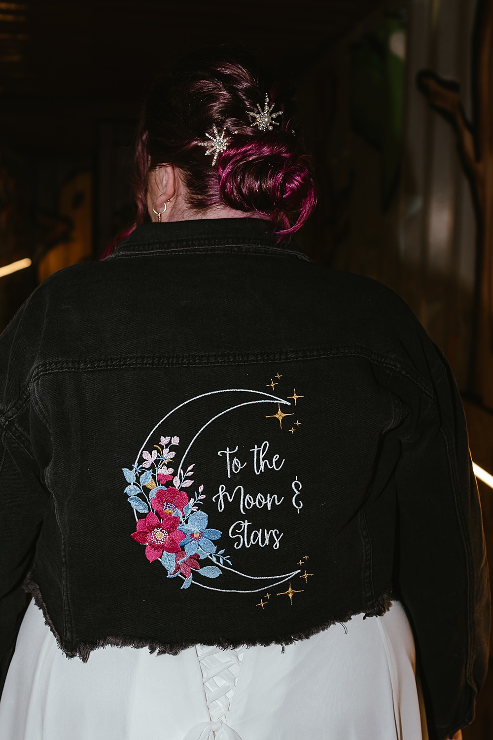 Stables at Ffolkes Wedding Cherrelle Blake Photography Custom Bride Jacket Moon Flowers