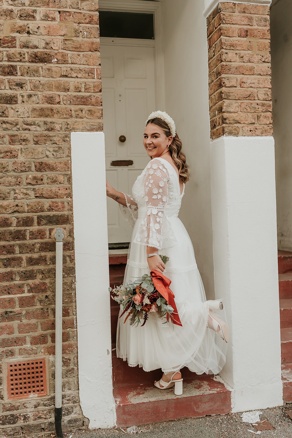 The Oystercatcher Wedding B Photography Tea Length Tiered Lace Long Sleeve Dress Bride