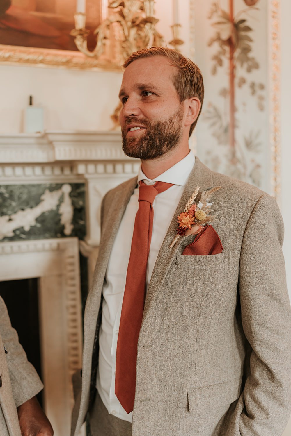 The Oystercatcher Wedding B Photography Stone Suit Orange Tie Groom