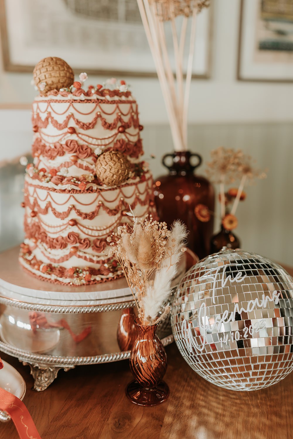 The Oystercatcher Wedding B Photography Vintage Iced Cake Orange White Ruffles Lambeth Retro
