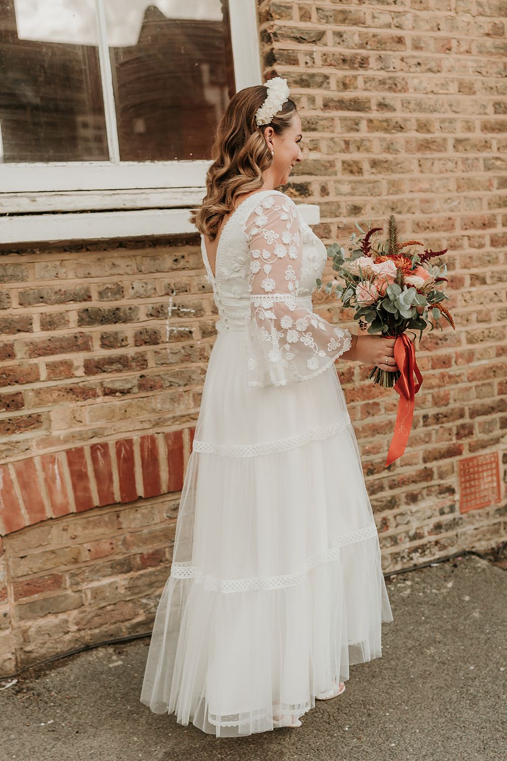 The Oystercatcher Wedding B Photography Tea Length Tiered Lace Long Sleeve Dress Bride
