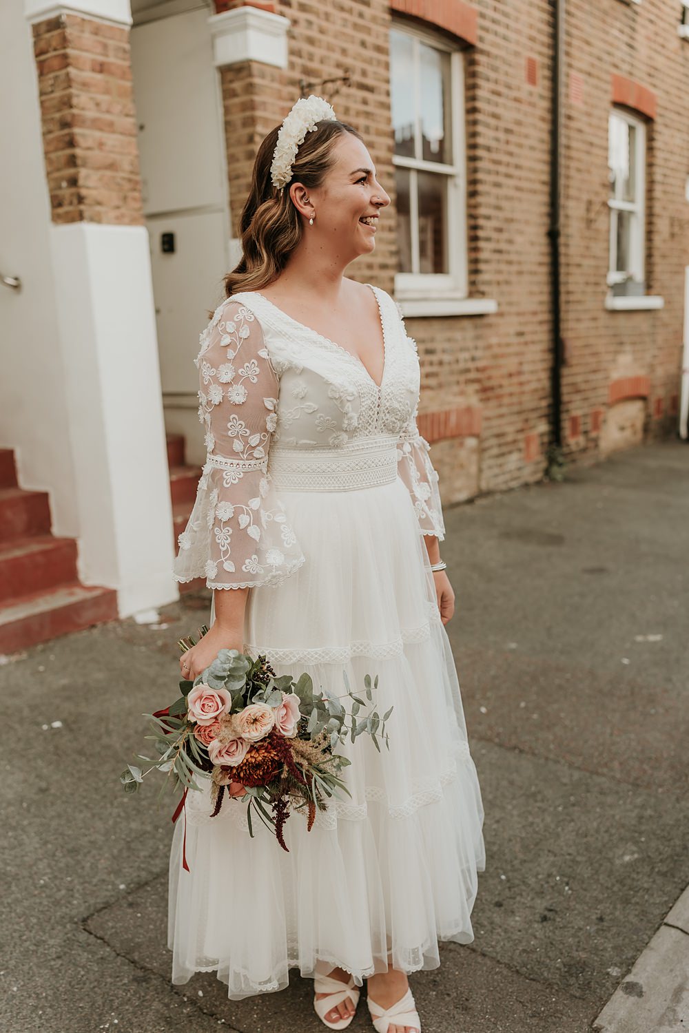 The Oystercatcher Wedding B Photography Tea Length Tiered Lace Long Sleeve Dress Bride
