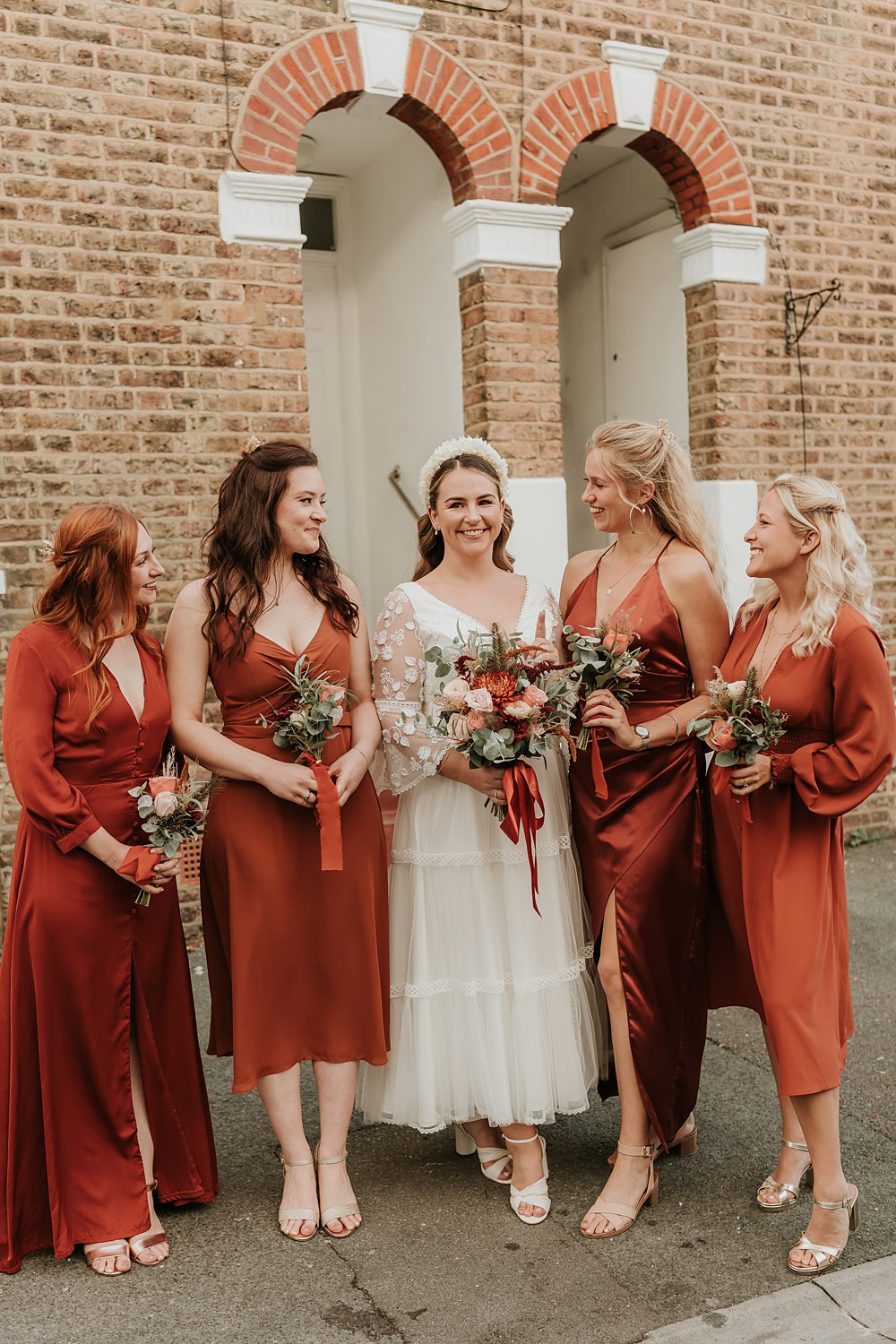 The Oystercatcher Wedding B Photography Satin Rust Orange Bridesmaid Mismatched Dresses