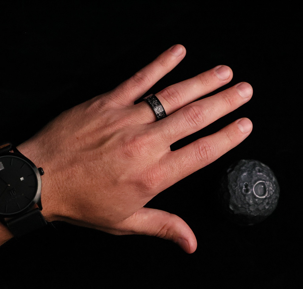 Unusual Alternative Unique Men's Wedding Rings Thorum Asteroid Gibeon Meteorite Matte Black Tungsten Carbide Gray Nickel