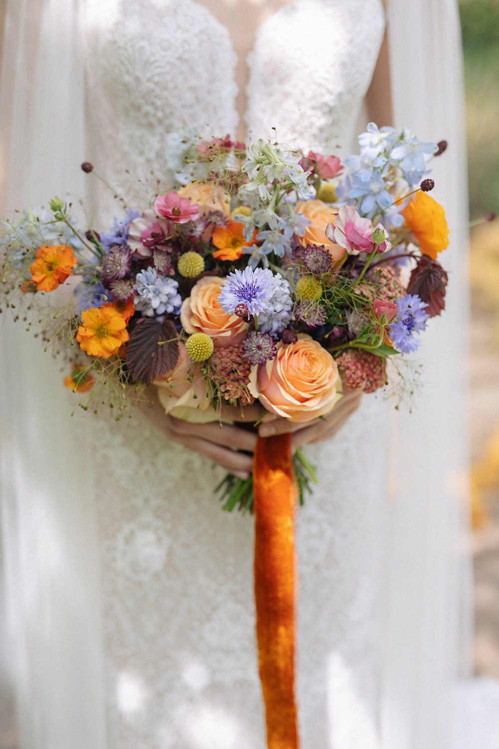 Weddings At Woodfords Max Turner Weddings Colourful Wild Flower Bouquet Bridal Orange Blue