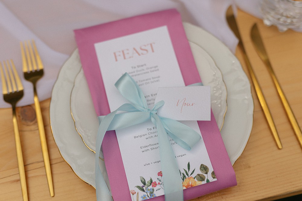 Weddings At Woodfords Max Turner Weddings Place Setting Menu Card Ribbon Place Name Pink Napkin Gold Cutlery