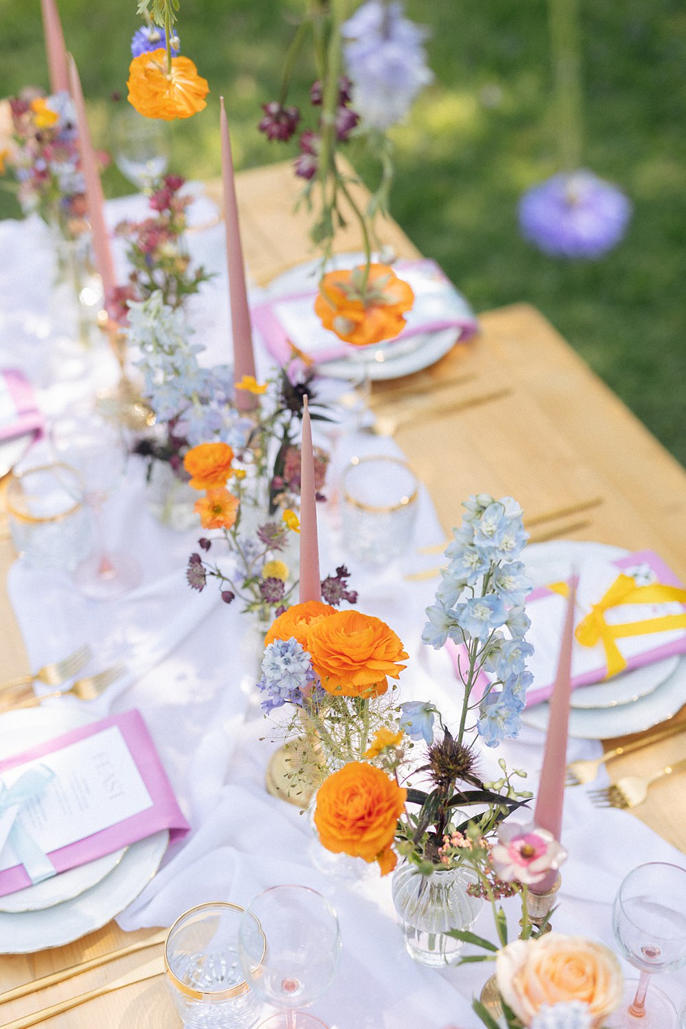 Weddings At Woodfords Max Turner Weddings Wooden Table Colourful Wildflowers Flower Bottles Tall Candles Gold Decor