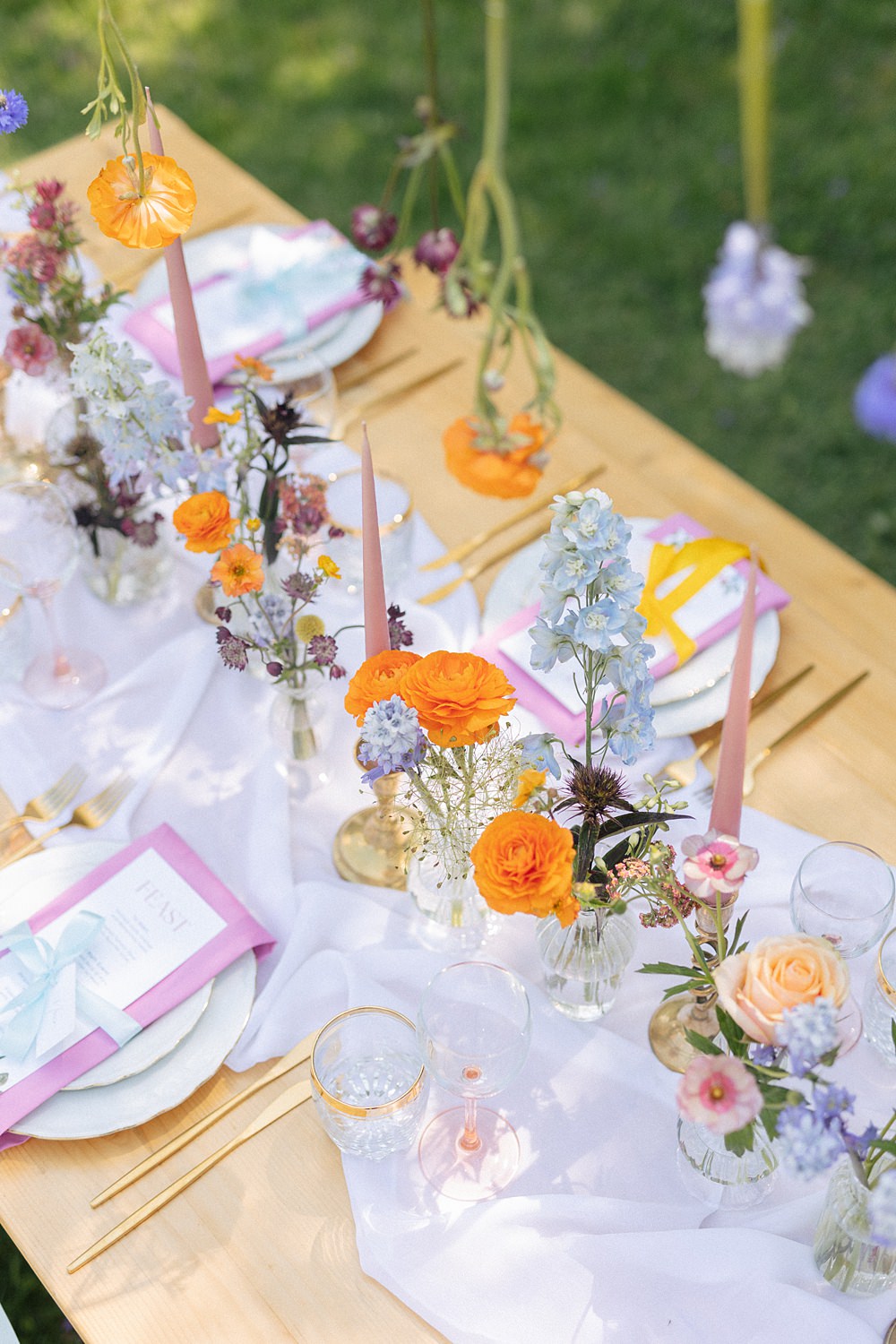 Weddings At Woodfords Max Turner Weddings Wooden Table Colourful Wildflowers Flower Bottles Tall Candles Gold Decor