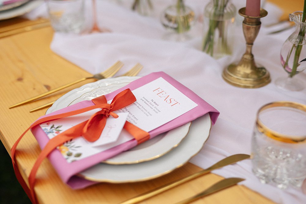 Weddings At Woodfords Max Turner Weddings Place Setting Menu Card Ribbon Place Name Pink Napkin Gold Cutlery