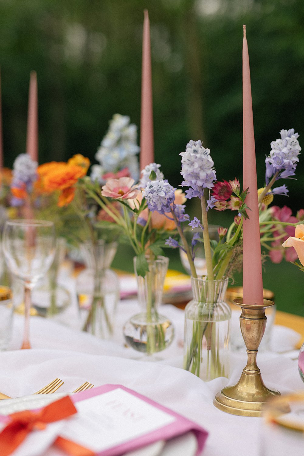 Weddings At Woodfords Max Turner Weddings Wooden Table Colourful Wildflowers Flower Bottles Tall Candles Gold Decor