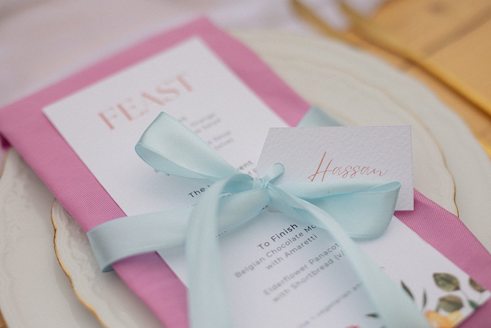 Weddings At Woodfords Max Turner Weddings Place Setting Menu Card Ribbon Place Name Pink Napkin Gold Cutlery