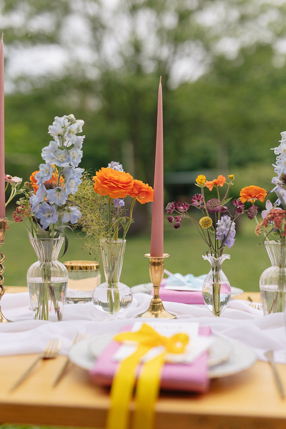Weddings At Woodfords Max Turner Weddings Wooden Table Colourful Wildflowers Flower Bottles Tall Candles Gold Decor