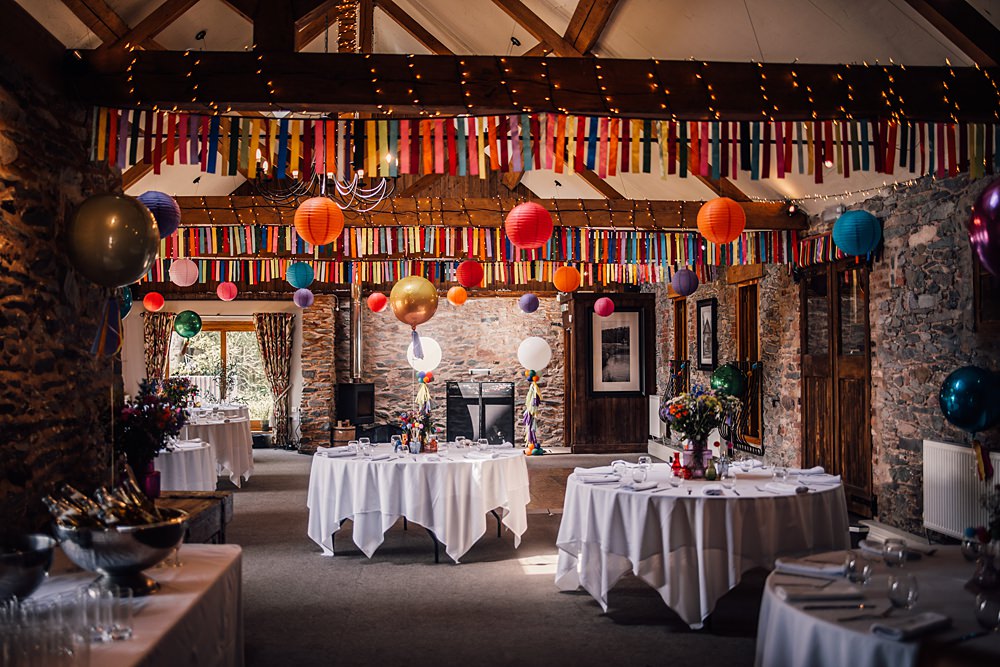 Cool Colourful Wedding Amy Elizabeth Photo Rainbow Ribbon Bunting Balloons Barn Decor