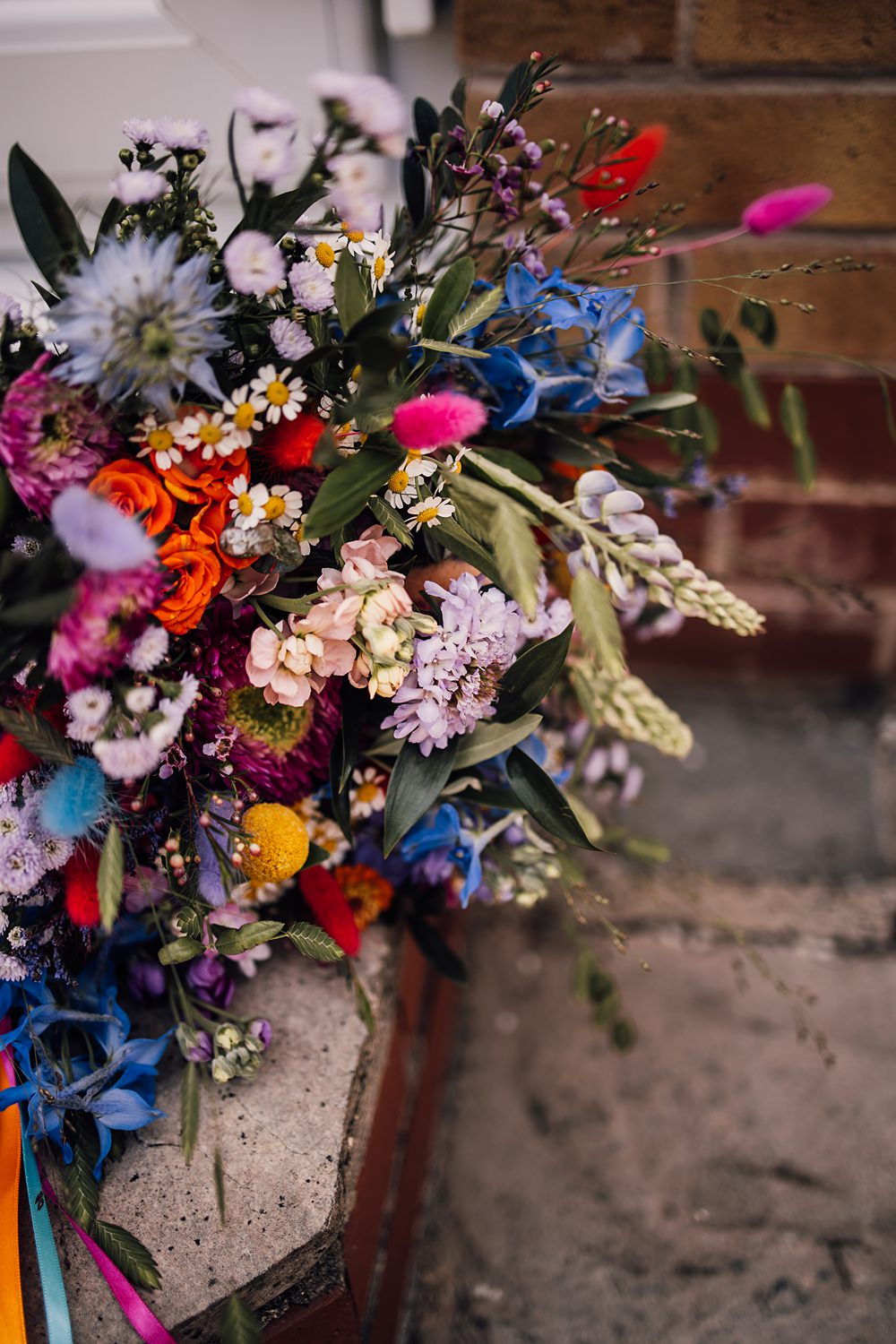 Cool Colourful Wedding Amy Elizabeth Photo Bouquet Flowers Multicolour Bright Summer Ribbons