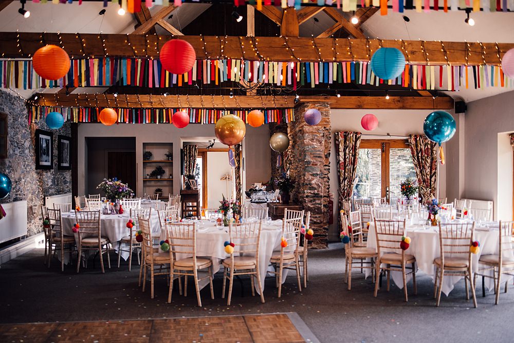 Cool Colourful Wedding Amy Elizabeth Photo Rainbow Ribbon Bunting Balloons Barn Decor
