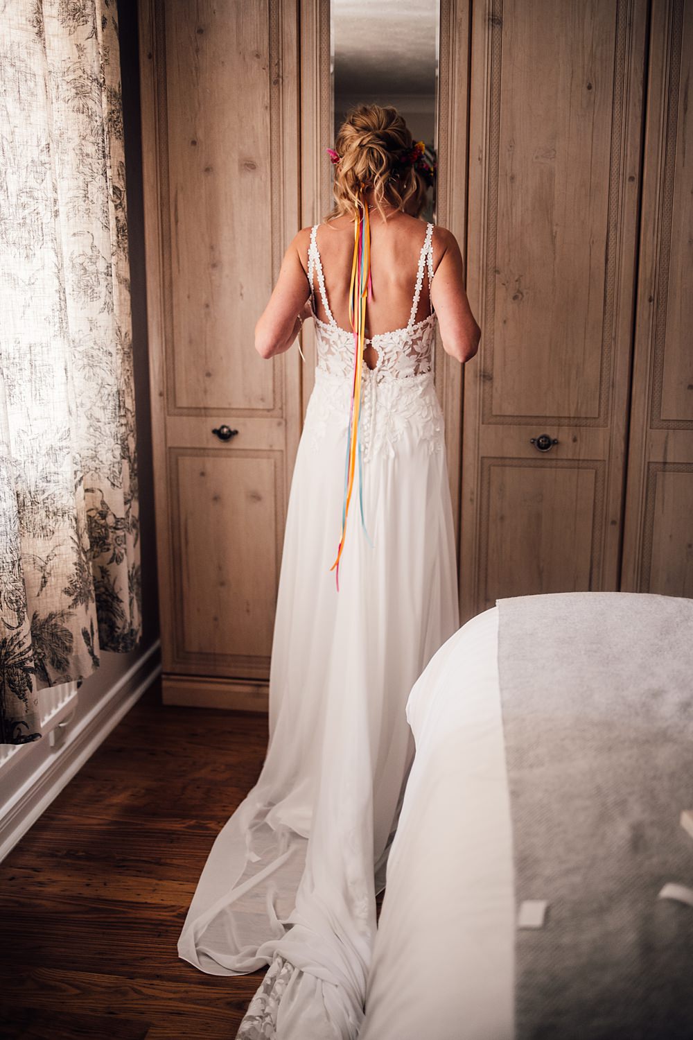 Cool Colourful Wedding Amy Elizabeth Photo Strappy Dress Bride Train Lace