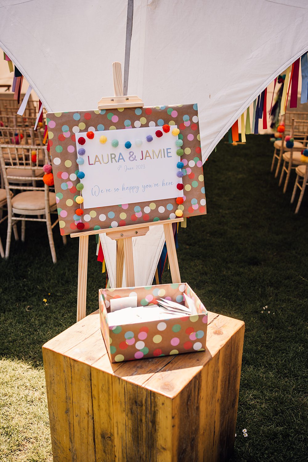 Cool Colourful Wedding Amy Elizabeth Photo Polka Dot Pom Pom Welcome Sign