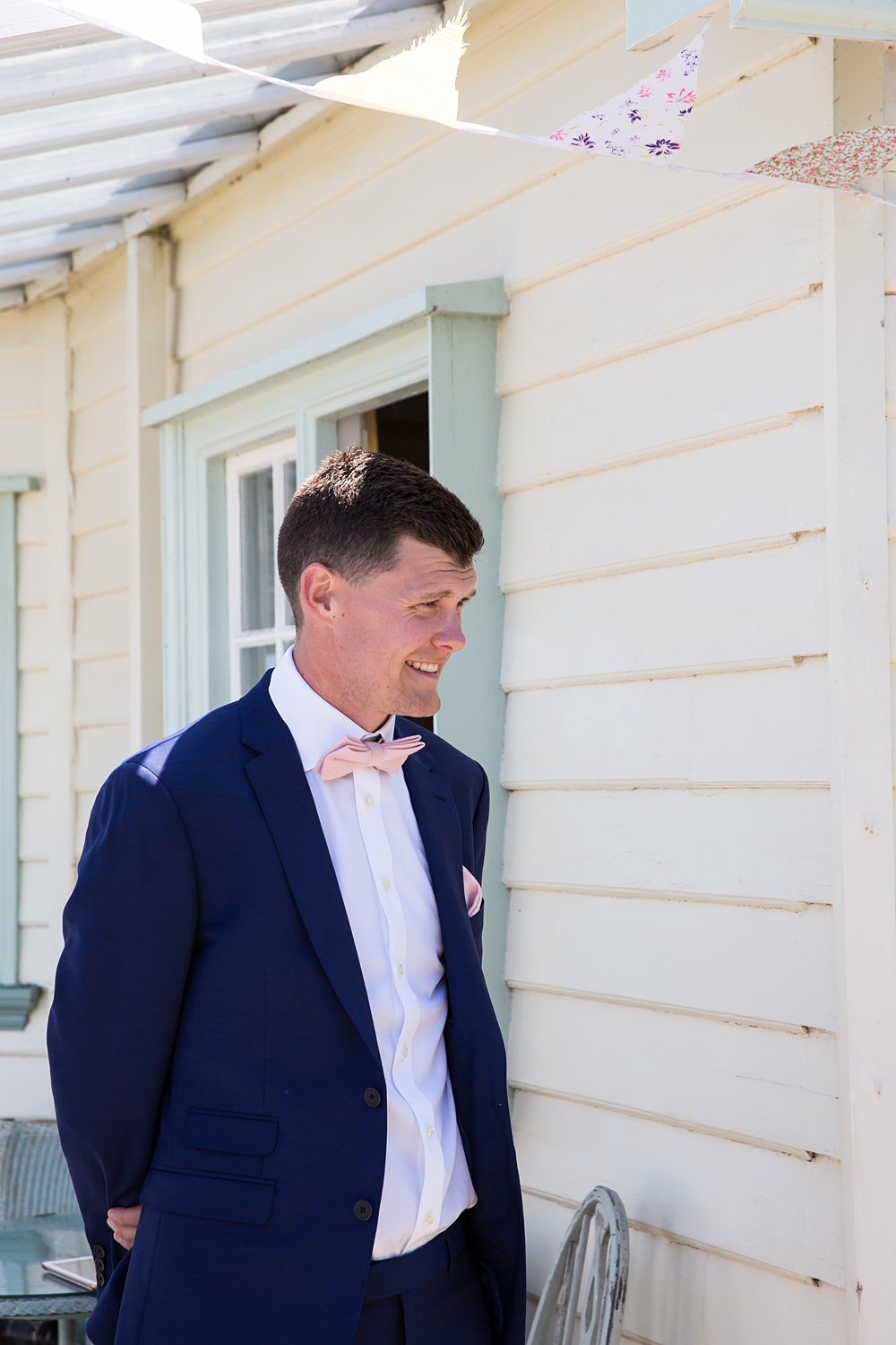 Kent Seaside Wedding Hannah Larkin Photography Groom Navy Suit Pink Bow Tie