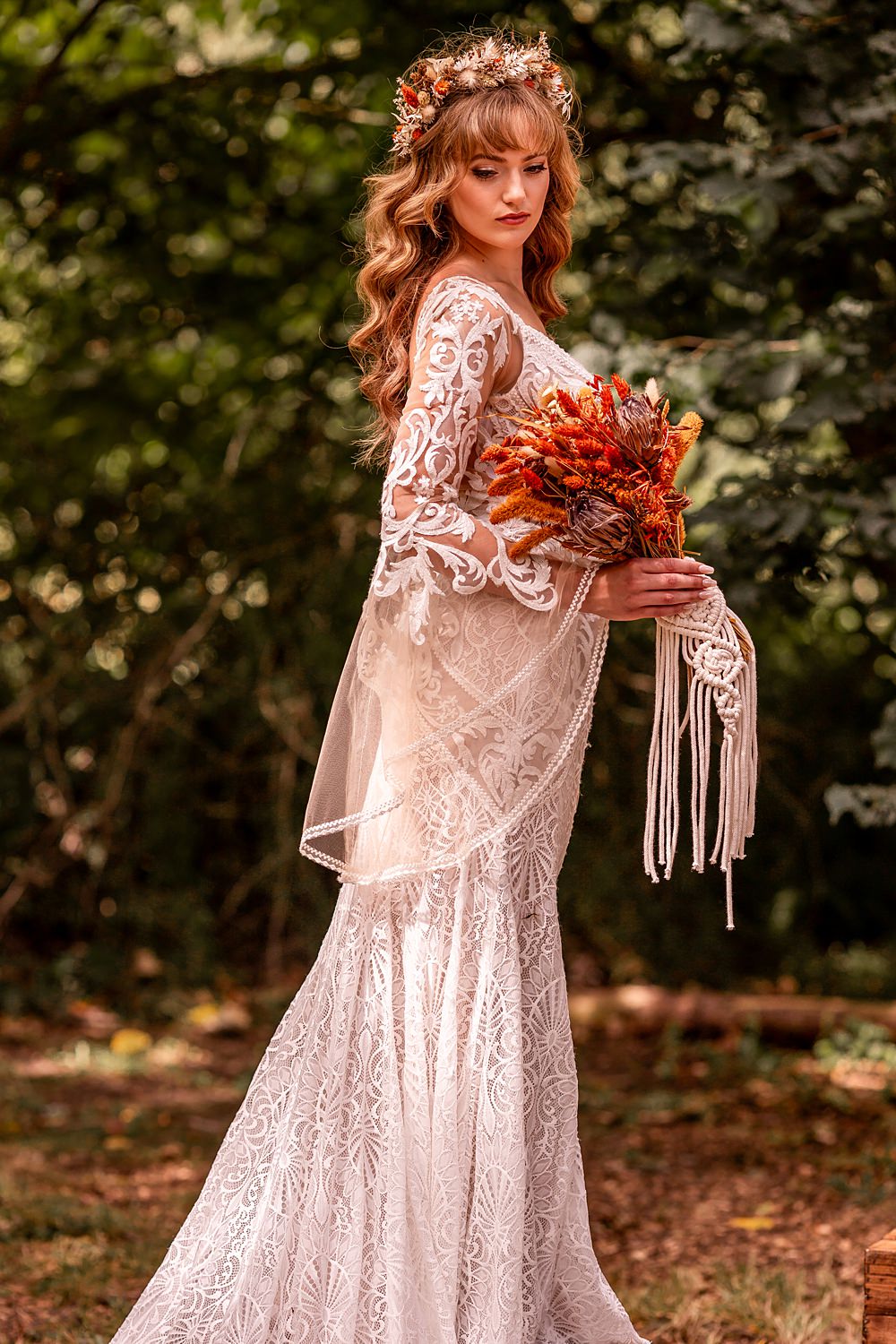 Lilibet Wood Wedding Hannah Betts Photography Boho Lace Long Sleeve Gown Bride