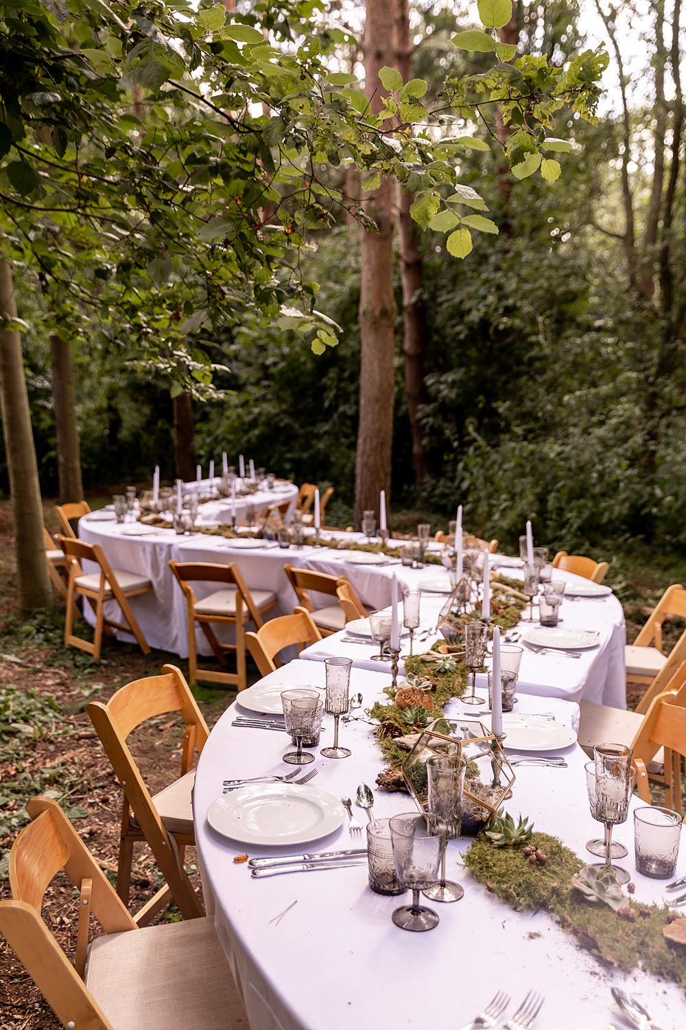 Lilibet Wood Wedding Hannah Betts Photography Curved Table Woodland Outdoor Greenery Moss Decor