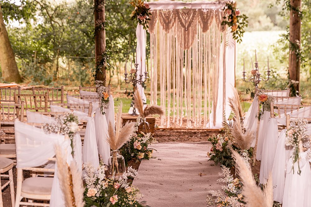 Lilibet Wood Wedding Hannah Betts Photography Macrame Ceremony Backdrop Flowers Aisle Pampas Grass