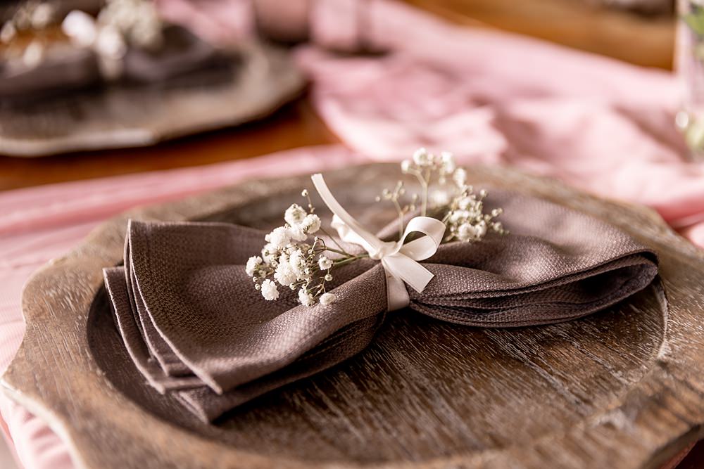 Lilibet Wood Wedding Hannah Betts Photography Grey Napkin Ribbon Flowers Place Setting