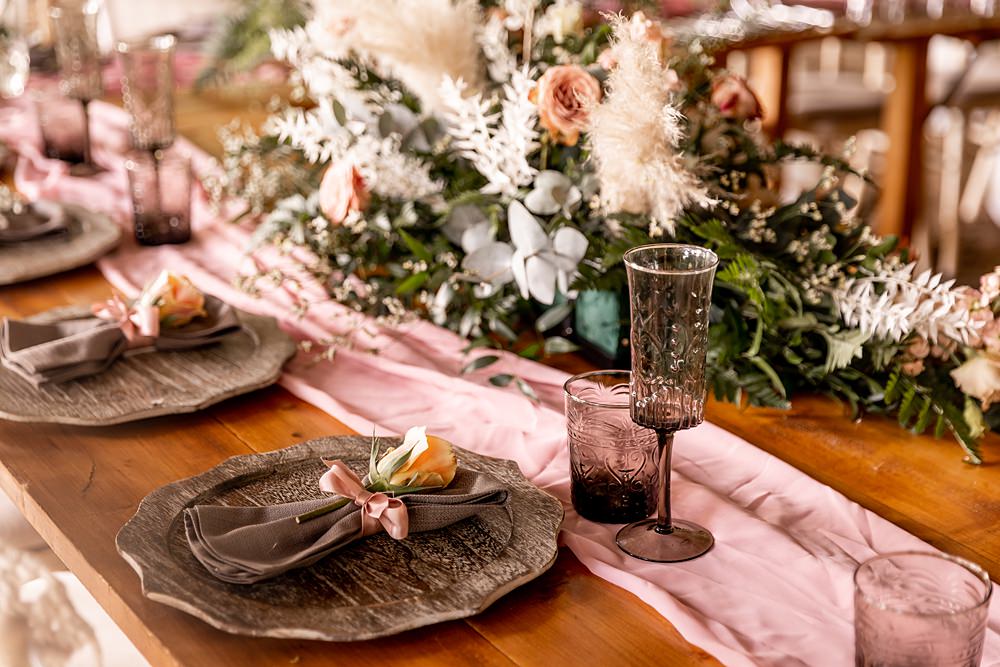 Lilibet Wood Wedding Hannah Betts Photography Grey Napkin Ribbon Flowers Place Setting