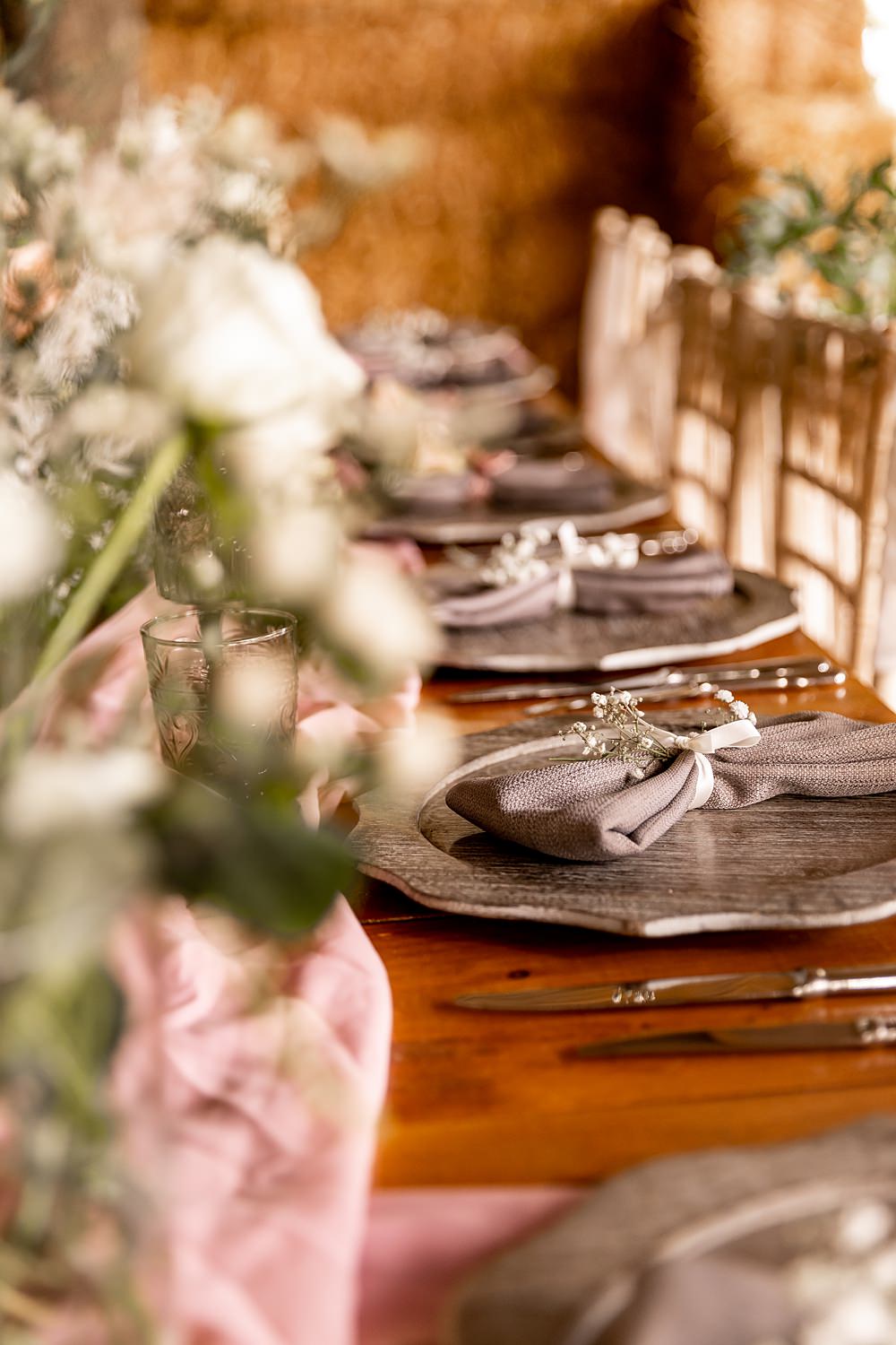 Lilibet Wood Wedding Hannah Betts Photography Grey Napkin Ribbon Flowers Place Setting