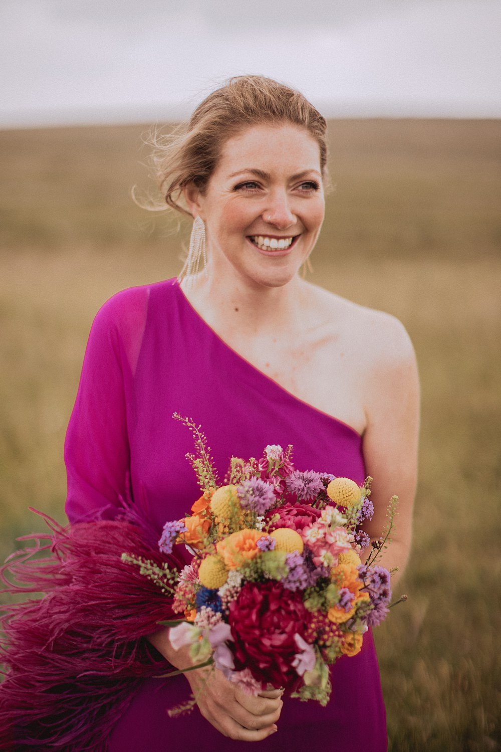 Bride Short Pink Feather Dress Colourful Bouquet Summer Flowers Pen Y Fron Wedding Fox and Bear Photography